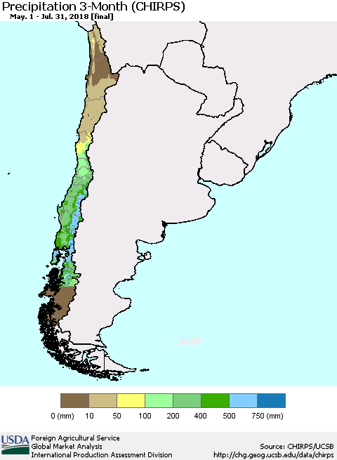 Chile Precipitation 3-Month (CHIRPS) Thematic Map For 5/1/2018 - 7/31/2018