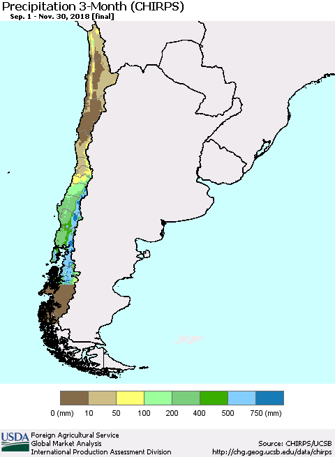 Chile Precipitation 3-Month (CHIRPS) Thematic Map For 9/1/2018 - 11/30/2018