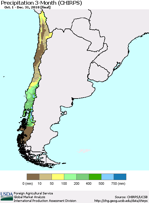 Chile Precipitation 3-Month (CHIRPS) Thematic Map For 10/1/2018 - 12/31/2018
