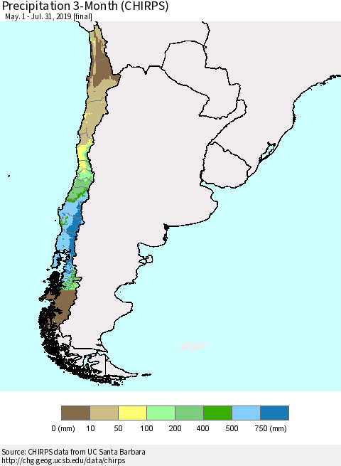 Chile Precipitation 3-Month (CHIRPS) Thematic Map For 5/1/2019 - 7/31/2019
