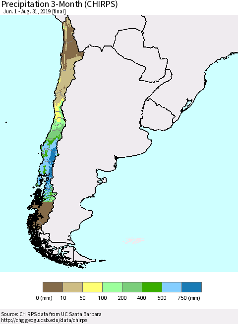 Chile Precipitation 3-Month (CHIRPS) Thematic Map For 6/1/2019 - 8/31/2019