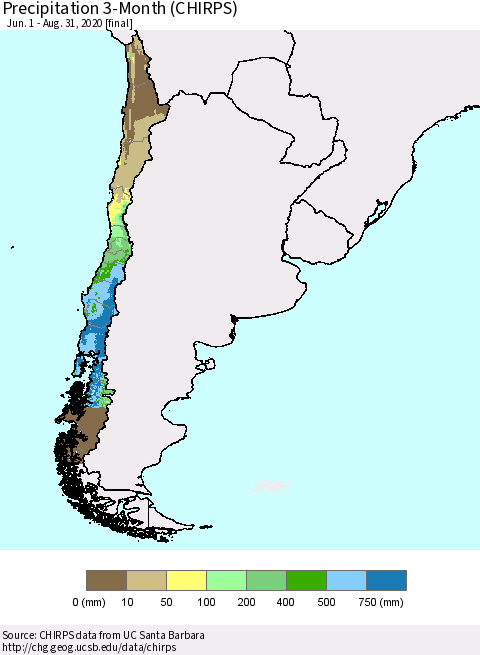 Chile Precipitation 3-Month (CHIRPS) Thematic Map For 6/1/2020 - 8/31/2020