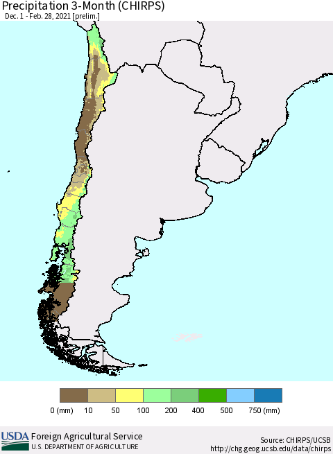 Chile Precipitation 3-Month (CHIRPS) Thematic Map For 12/1/2020 - 2/28/2021