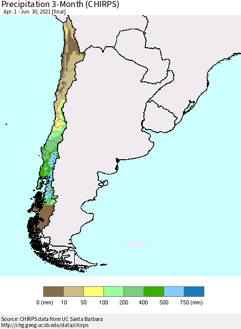 Chile Precipitation 3-Month (CHIRPS) Thematic Map For 4/1/2021 - 6/30/2021