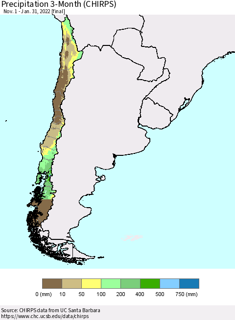 Chile Precipitation 3-Month (CHIRPS) Thematic Map For 11/1/2021 - 1/31/2022