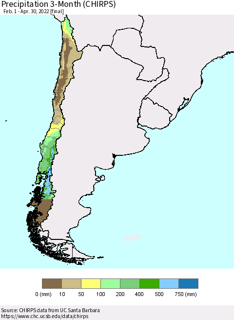 Chile Precipitation 3-Month (CHIRPS) Thematic Map For 2/1/2022 - 4/30/2022