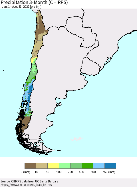 Chile Precipitation 3-Month (CHIRPS) Thematic Map For 6/1/2022 - 8/31/2022
