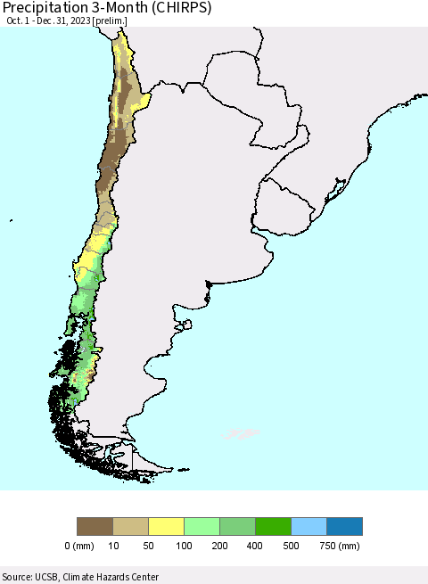 Chile Precipitation 3-Month (CHIRPS) Thematic Map For 10/1/2023 - 12/31/2023