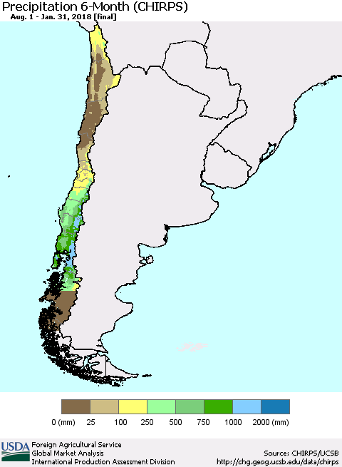 Chile Precipitation 6-Month (CHIRPS) Thematic Map For 8/1/2017 - 1/31/2018