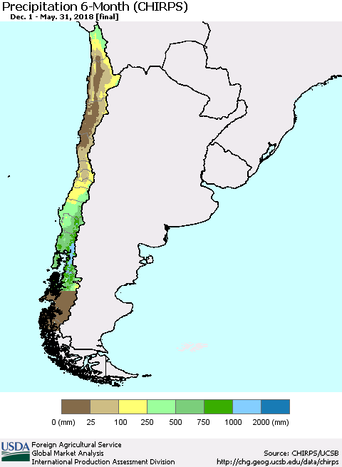 Chile Precipitation 6-Month (CHIRPS) Thematic Map For 12/1/2017 - 5/31/2018