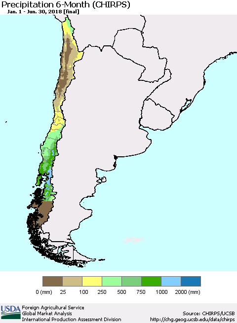 Chile Precipitation 6-Month (CHIRPS) Thematic Map For 1/1/2018 - 6/30/2018