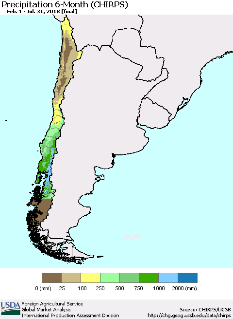 Chile Precipitation 6-Month (CHIRPS) Thematic Map For 2/1/2018 - 7/31/2018