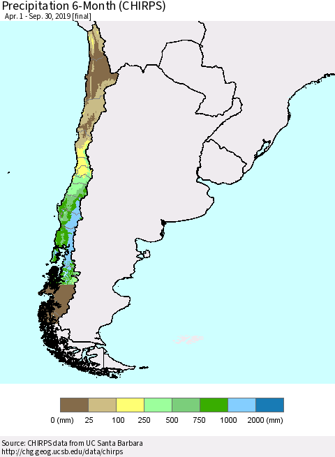 Chile Precipitation 6-Month (CHIRPS) Thematic Map For 4/1/2019 - 9/30/2019