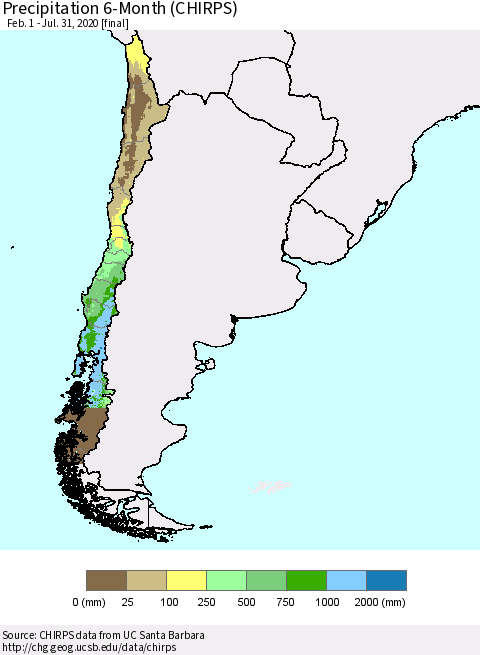 Chile Precipitation 6-Month (CHIRPS) Thematic Map For 2/1/2020 - 7/31/2020