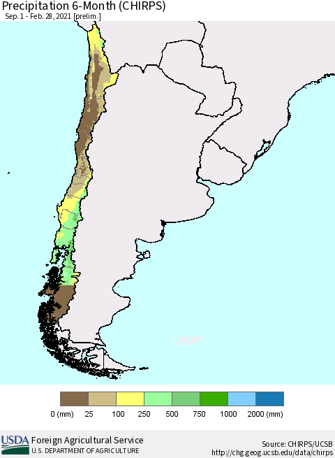 Chile Precipitation 6-Month (CHIRPS) Thematic Map For 9/1/2020 - 2/28/2021