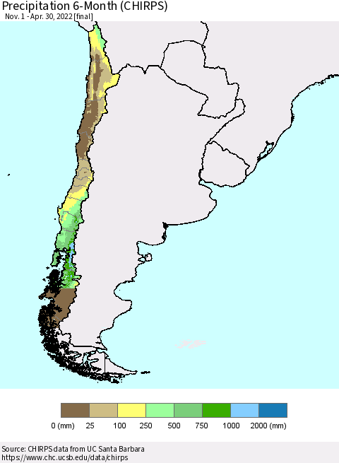 Chile Precipitation 6-Month (CHIRPS) Thematic Map For 11/1/2021 - 4/30/2022