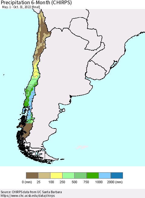Chile Precipitation 6-Month (CHIRPS) Thematic Map For 5/1/2022 - 10/31/2022