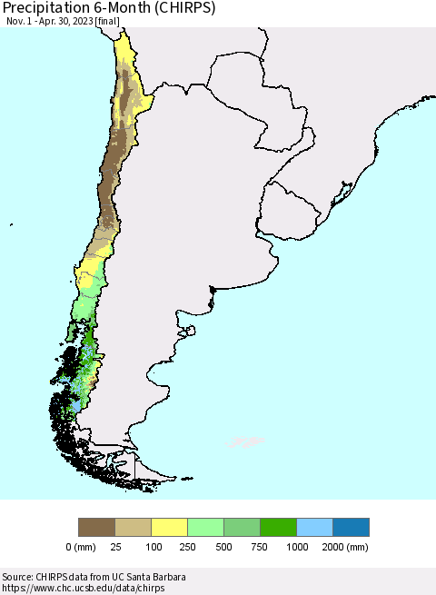 Chile Precipitation 6-Month (CHIRPS) Thematic Map For 11/1/2022 - 4/30/2023
