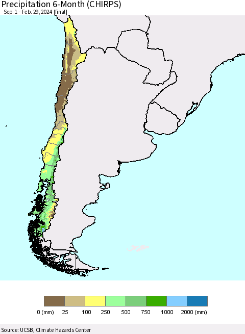 Chile Precipitation 6-Month (CHIRPS) Thematic Map For 9/1/2023 - 2/29/2024
