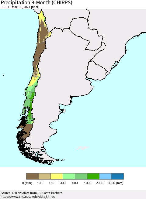 Chile Precipitation 9-Month (CHIRPS) Thematic Map For 7/1/2020 - 3/31/2021
