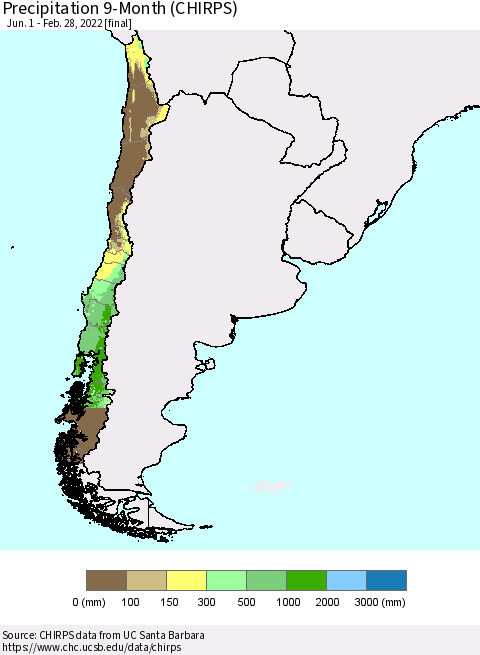 Chile Precipitation 9-Month (CHIRPS) Thematic Map For 6/1/2021 - 2/28/2022