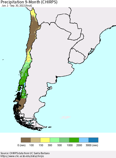 Chile Precipitation 9-Month (CHIRPS) Thematic Map For 1/1/2022 - 9/30/2022