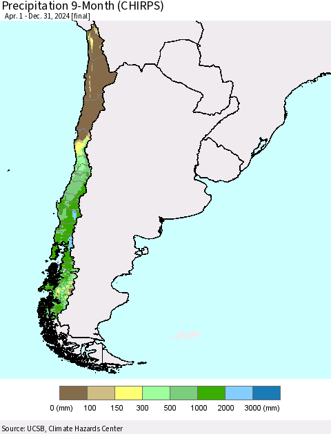 Chile Precipitation 9-Month (CHIRPS) Thematic Map For 4/1/2024 - 12/31/2024