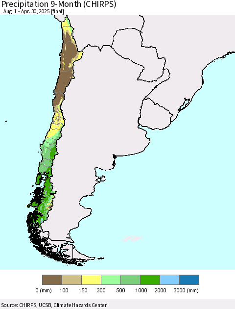 Chile Precipitation 9-Month (CHIRPS) Thematic Map For 8/1/2024 - 4/30/2025