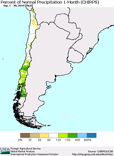 Chile Percent of Normal Precipitation 1-Month (CHIRPS) Thematic Map For 9/1/2018 - 9/30/2018