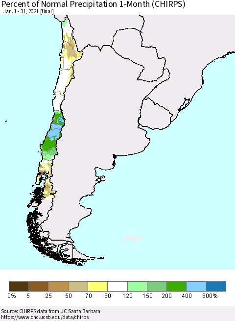 Chile Percent of Normal Precipitation 1-Month (CHIRPS) Thematic Map For 1/1/2021 - 1/31/2021