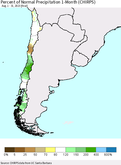 Chile Percent of Normal Precipitation 1-Month (CHIRPS) Thematic Map For 8/1/2023 - 8/31/2023