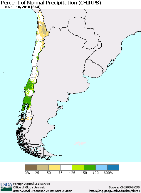 Chile Percent of Normal Precipitation (CHIRPS) Thematic Map For 1/1/2018 - 1/10/2018