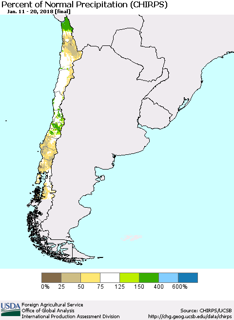 Chile Percent of Normal Precipitation (CHIRPS) Thematic Map For 1/11/2018 - 1/20/2018