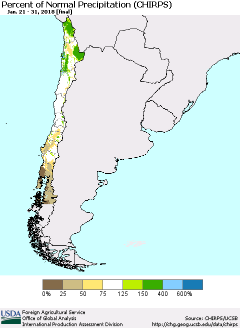 Chile Percent of Normal Precipitation (CHIRPS) Thematic Map For 1/21/2018 - 1/31/2018