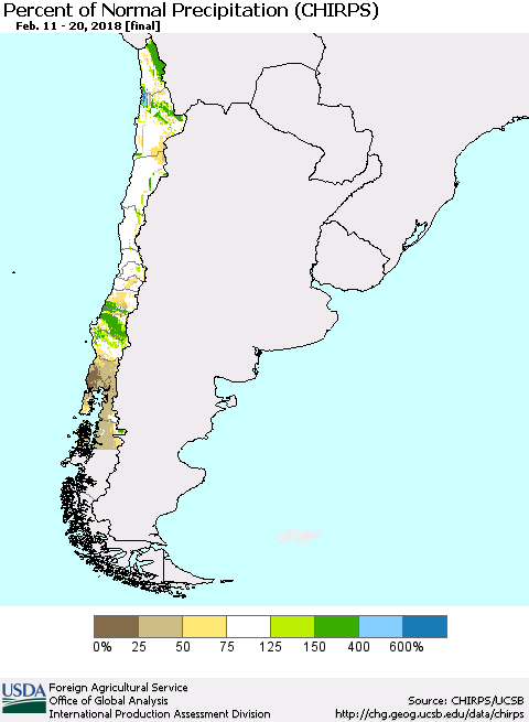 Chile Percent of Normal Precipitation (CHIRPS) Thematic Map For 2/11/2018 - 2/20/2018