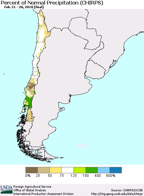 Chile Percent of Normal Precipitation (CHIRPS) Thematic Map For 2/21/2018 - 2/28/2018