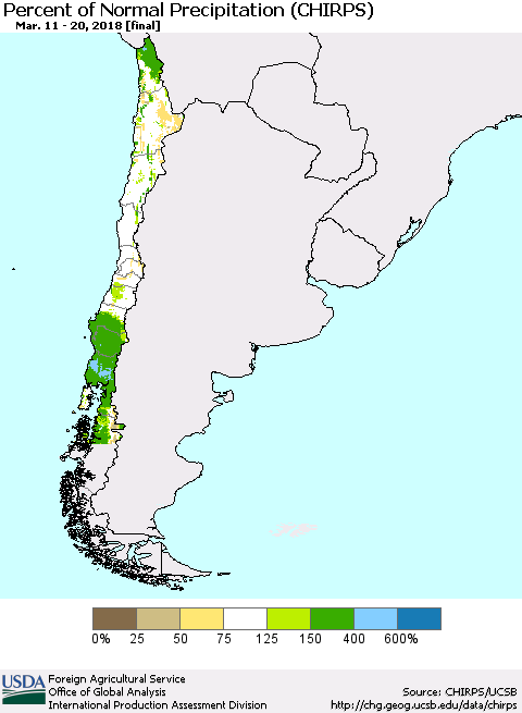 Chile Percent of Normal Precipitation (CHIRPS) Thematic Map For 3/11/2018 - 3/20/2018