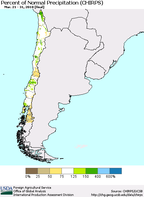Chile Percent of Normal Precipitation (CHIRPS) Thematic Map For 3/21/2018 - 3/31/2018