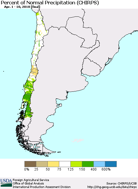 Chile Percent of Normal Precipitation (CHIRPS) Thematic Map For 4/1/2018 - 4/10/2018