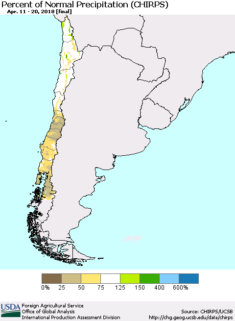 Chile Percent of Normal Precipitation (CHIRPS) Thematic Map For 4/11/2018 - 4/20/2018
