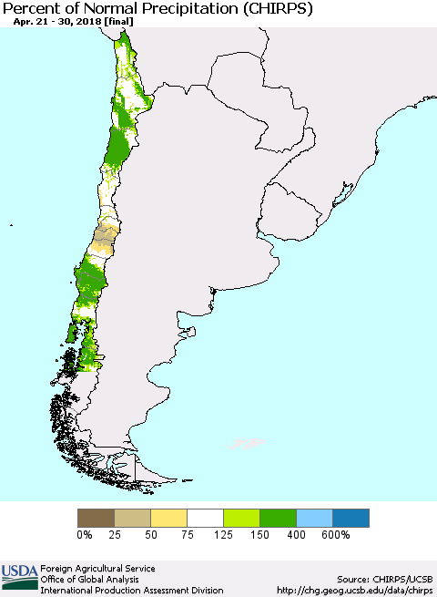 Chile Percent of Normal Precipitation (CHIRPS) Thematic Map For 4/21/2018 - 4/30/2018