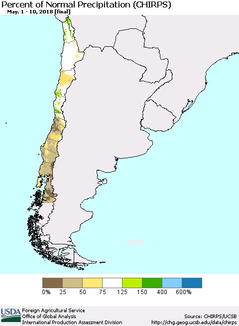 Chile Percent of Normal Precipitation (CHIRPS) Thematic Map For 5/1/2018 - 5/10/2018