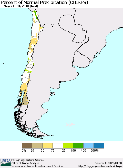 Chile Percent of Normal Precipitation (CHIRPS) Thematic Map For 5/21/2018 - 5/31/2018