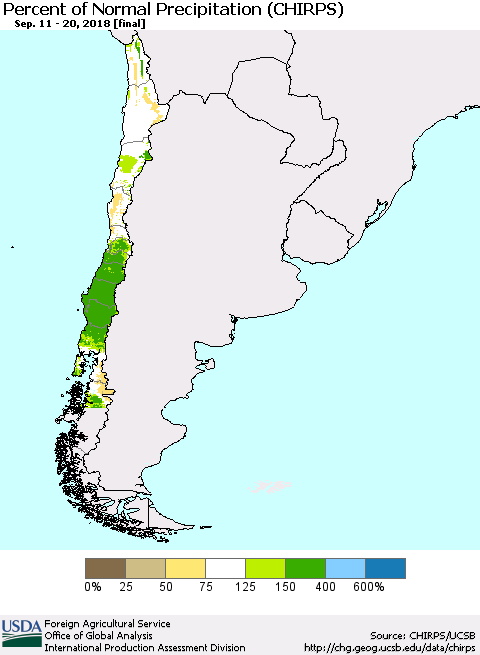 Chile Percent of Normal Precipitation (CHIRPS) Thematic Map For 9/11/2018 - 9/20/2018
