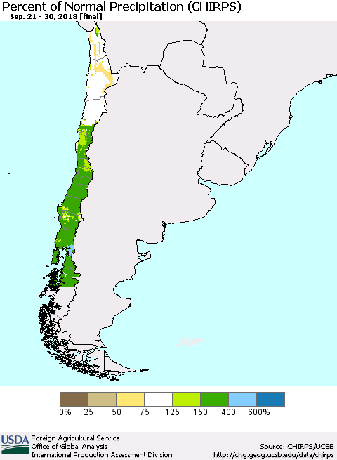 Chile Percent of Normal Precipitation (CHIRPS) Thematic Map For 9/21/2018 - 9/30/2018