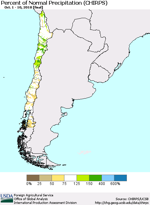 Chile Percent of Normal Precipitation (CHIRPS) Thematic Map For 10/1/2018 - 10/10/2018