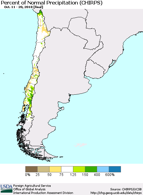 Chile Percent of Normal Precipitation (CHIRPS) Thematic Map For 10/11/2018 - 10/20/2018
