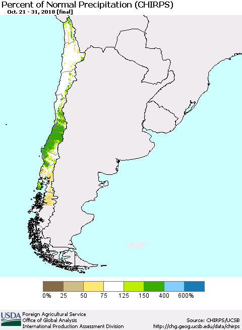 Chile Percent of Normal Precipitation (CHIRPS) Thematic Map For 10/21/2018 - 10/31/2018