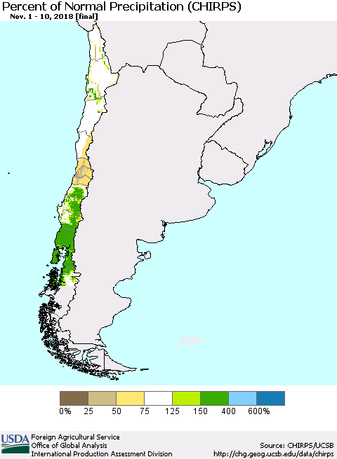 Chile Percent of Normal Precipitation (CHIRPS) Thematic Map For 11/1/2018 - 11/10/2018