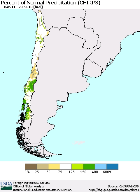 Chile Percent of Normal Precipitation (CHIRPS) Thematic Map For 11/11/2018 - 11/20/2018